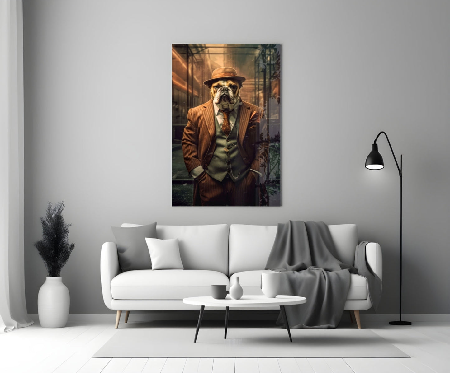 Bulldog In Rust Pinstripe Suit Glass Wall Art