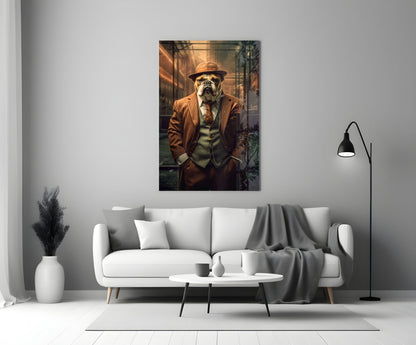 Bulldog In Rust Pinstripe Suit Glass Wall Art