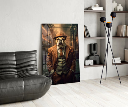 Bulldog In Rust Pinstripe Suit Glass Wall Art