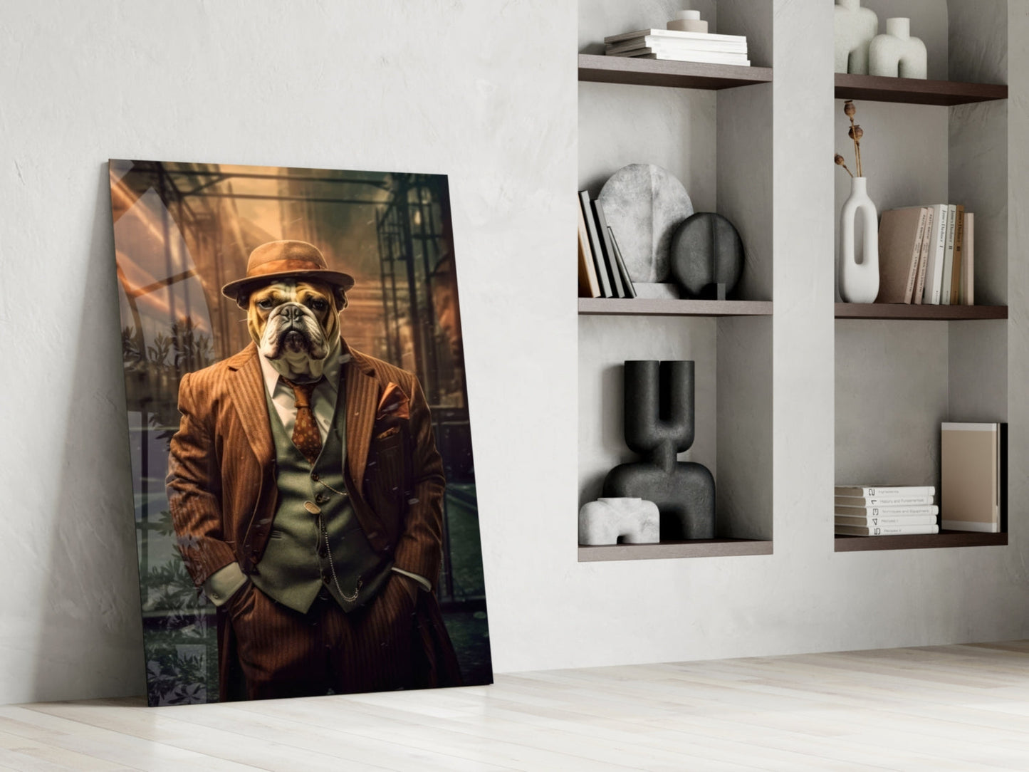 Bulldog In Rust Pinstripe Suit Glass Wall Art