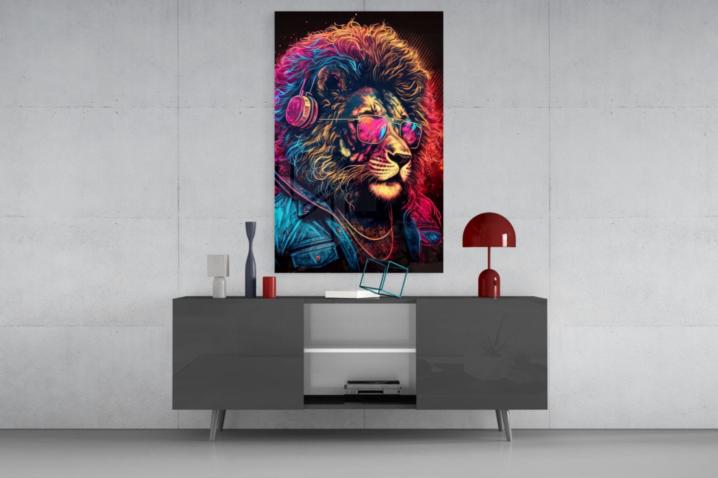 Neon Lion With Headphones and Shades Glass Wall Art