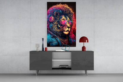 Neon Lion With Headphones and Shades Glass Wall Art