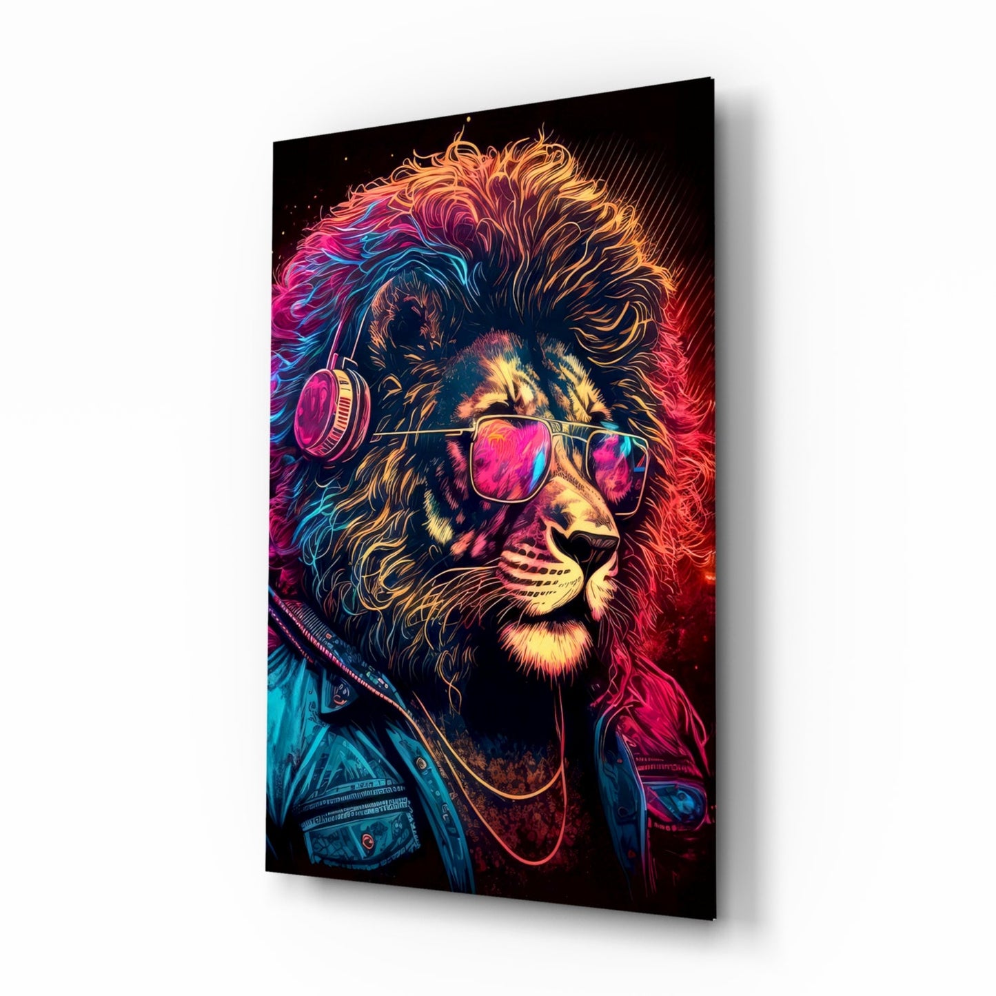 Neon Lion With Headphones and Shades Glass Wall Art