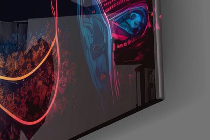 Neon Lion With Headphones and Shades Glass Wall Art