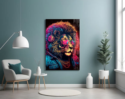 Neon Lion With Headphones and Shades Glass Wall Art