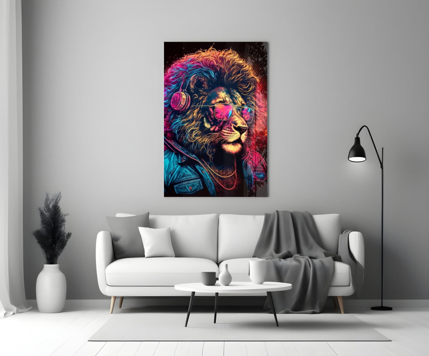 Neon Lion With Headphones and Shades Glass Wall Art