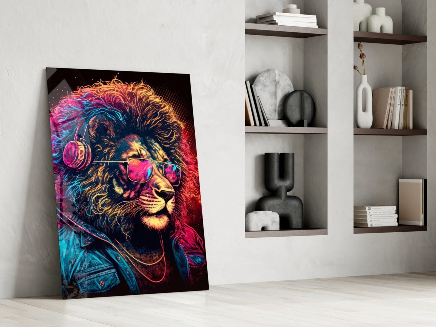Neon Lion With Headphones and Shades Glass Wall Art