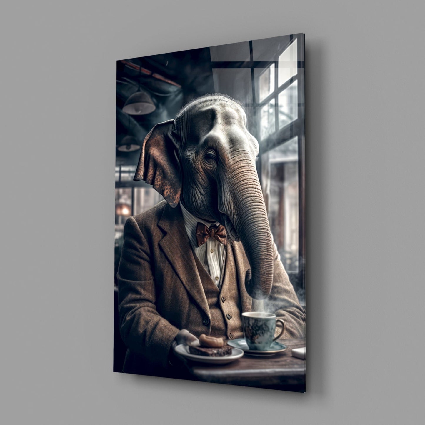 Angled view of glass wall art depicting a dressed elephant at a café table with coffee cup, displayed against gray wall.