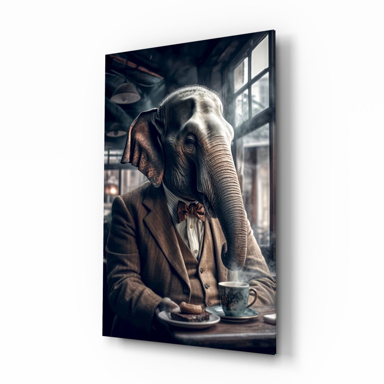 Anthropomorphic elephant in brown blazer and bow tie seated at table with tea cup, viewed at angle showing glass wall art mounted on white background.