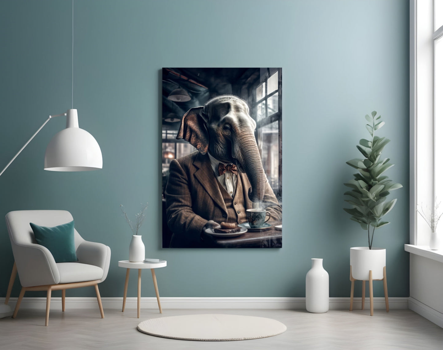Framed glass wall art depicting an elephant in formal attire seated at a table with tea, displayed in a modern living room setting.