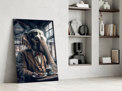Glass wall art leaning against white wall displays illustrated elephant in brown suit with bowtie holding teacup, displayed next to built-in shelving unit.