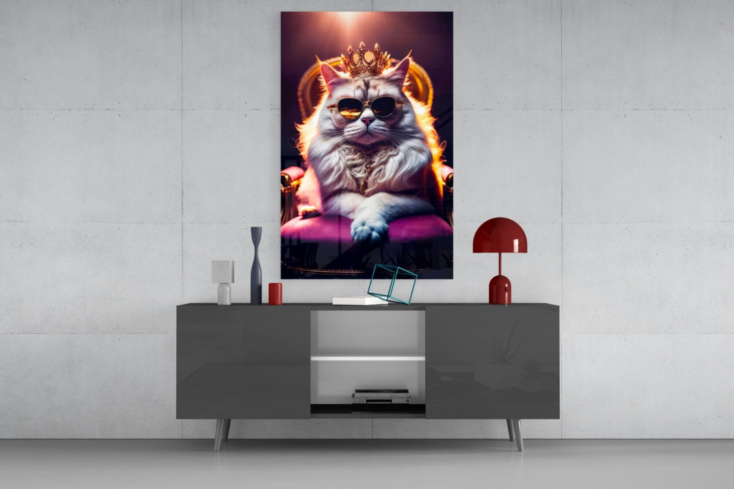 Glowing portrait of a fluffy white cat wearing sunglasses and golden crown displayed on modern gray media console.