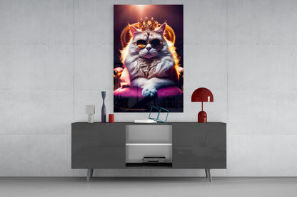 Glowing portrait of a fluffy white cat wearing sunglasses and golden crown displayed on modern gray media console.