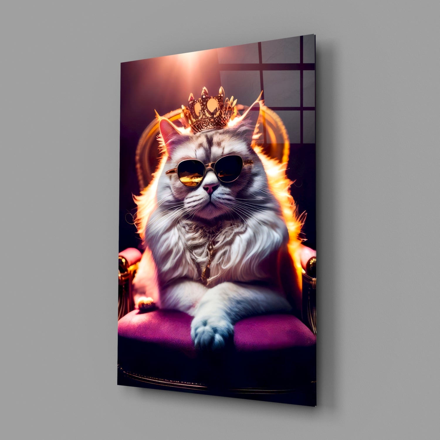 Glass wall art displaying a fluffy cat wearing sunglasses and crown, surrounded by golden flames, mounted at an angle against gray background.