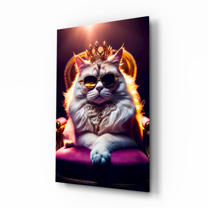 Angled side view of glass wall art featuring a fluffy white cat wearing sunglasses and a crown, surrounded by golden flames against a dark background.