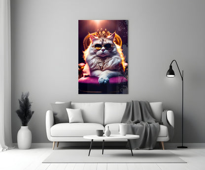 Glass wall art featuring a fluffy cat wearing sunglasses and a golden crown, displayed above a white sofa in a modern living room.