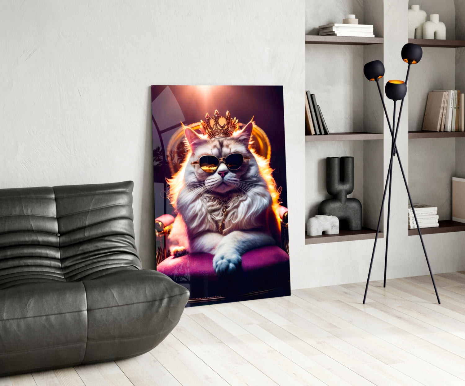 Glass wall art depicting a regal cat wearing sunglasses and crown with golden fire aura, displayed in modern living room setting.