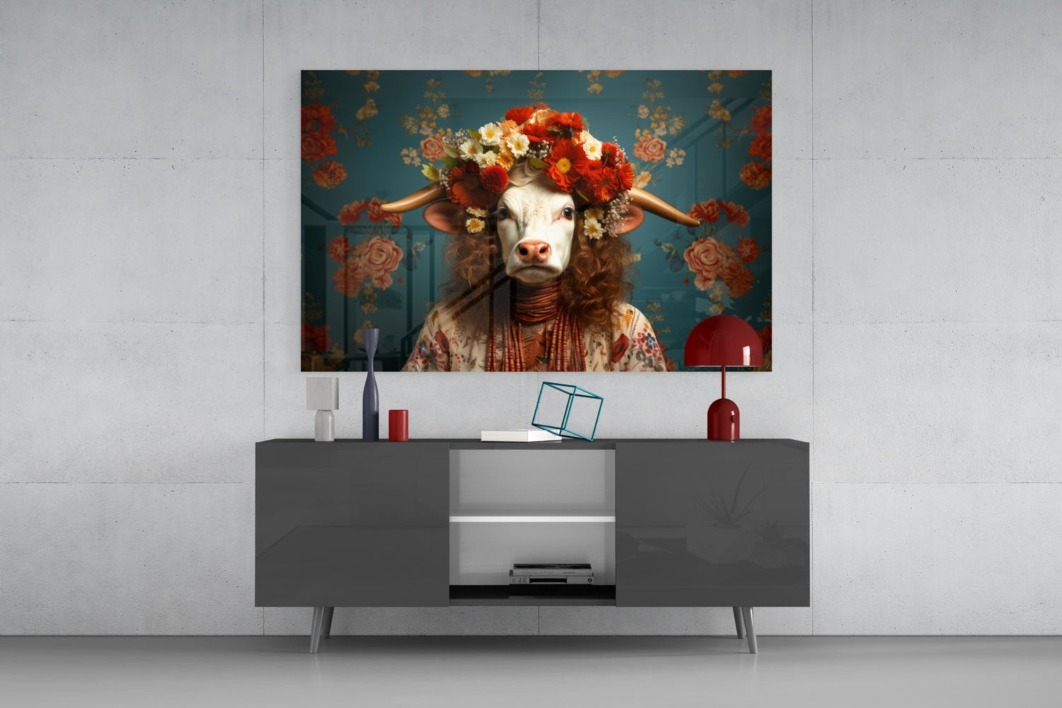 Surreal artwork displayed on living room wall showing stylized cow wearing floral crown and ornate clothing against teal background with floating flowers.