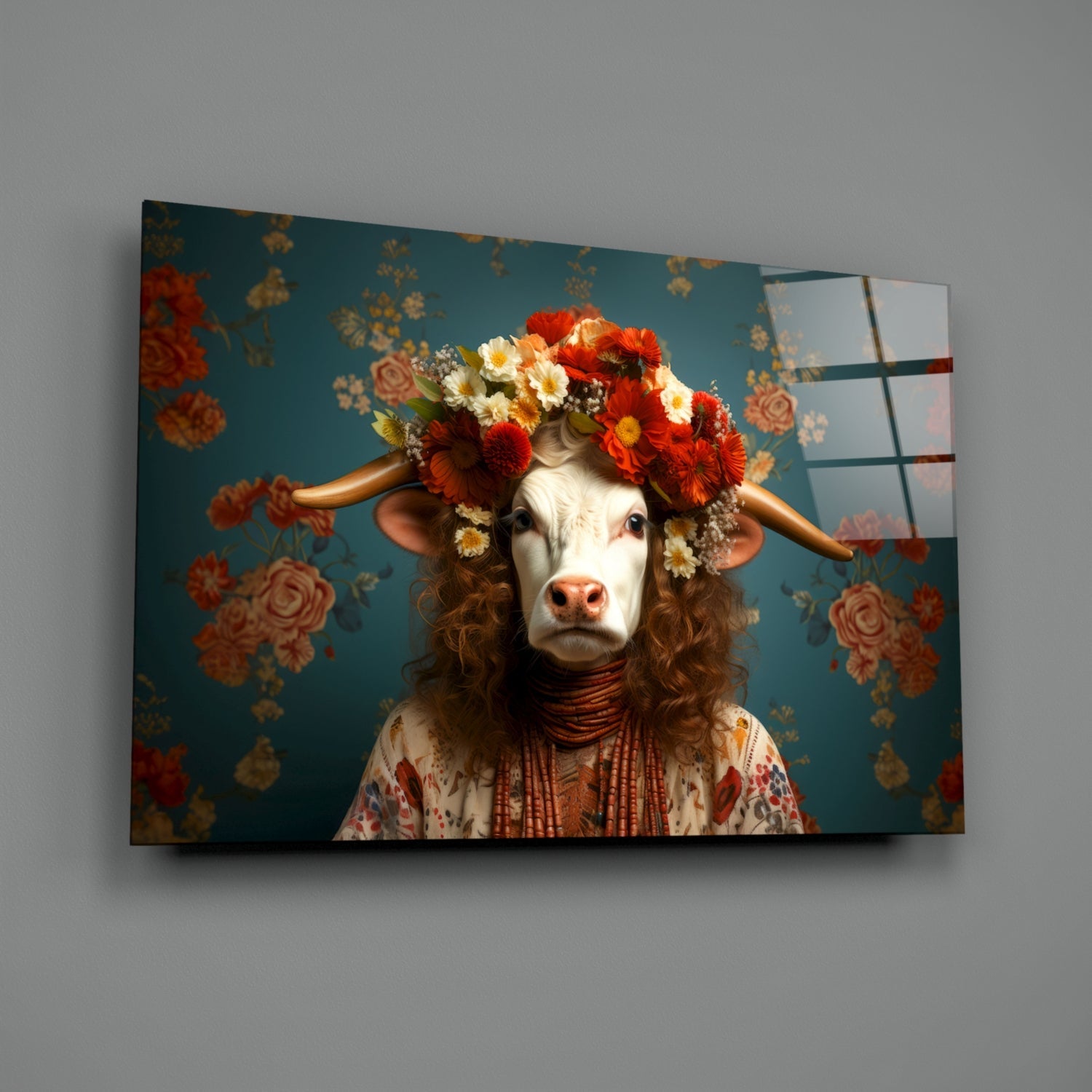 Angled view of glass wall art featuring a cow wearing flowers and traditional clothing against a teal floral patterned background.