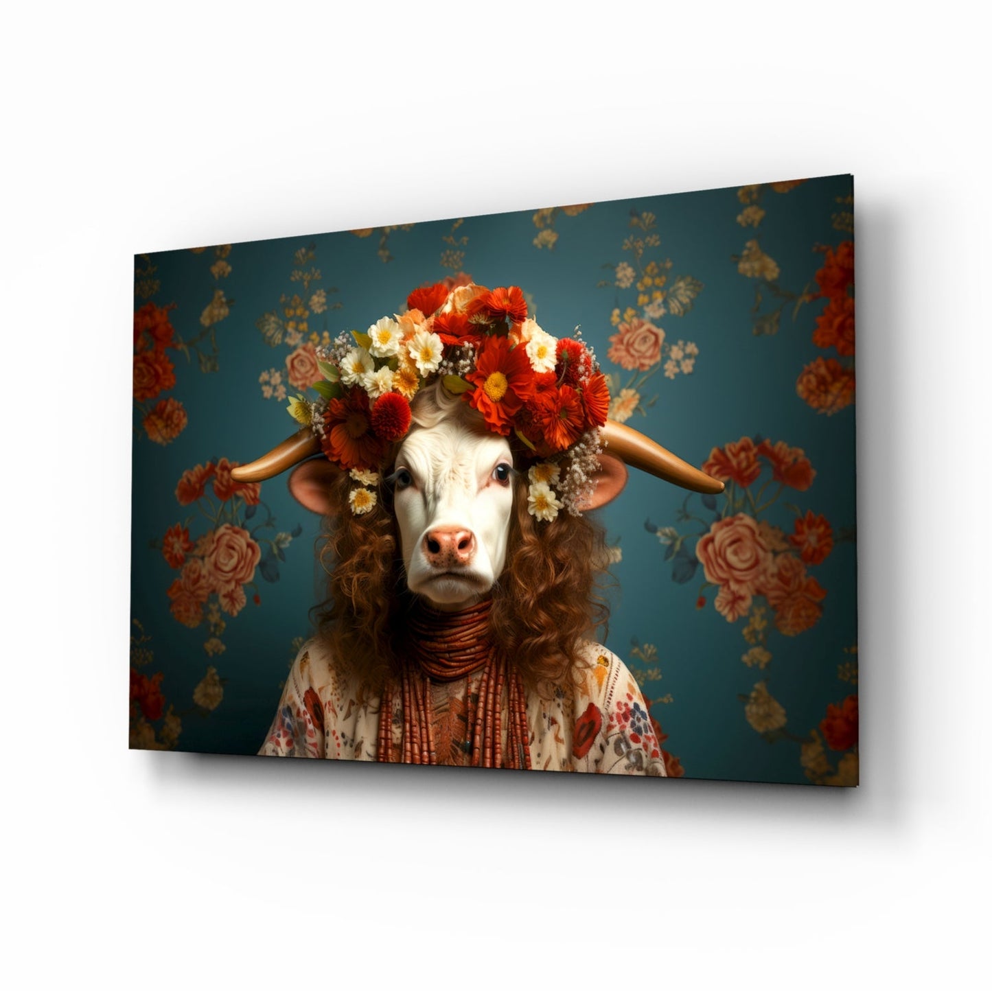 Cow wearing ornate floral crown and patterned clothing against teal background with scattered flowers, displayed as glass wall art.
