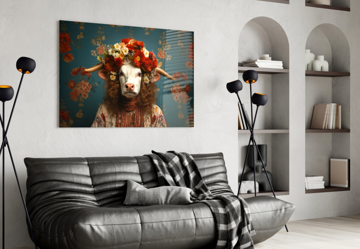Surreal glass wall art depicting a cow wearing red flowers and ornate clothing against a teal floral background, displayed above a black leather sofa in a modern living room.
