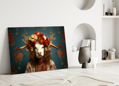 Glass wall art leaning against white wall displays cow wearing flower crown and patterned clothing against teal floral background.