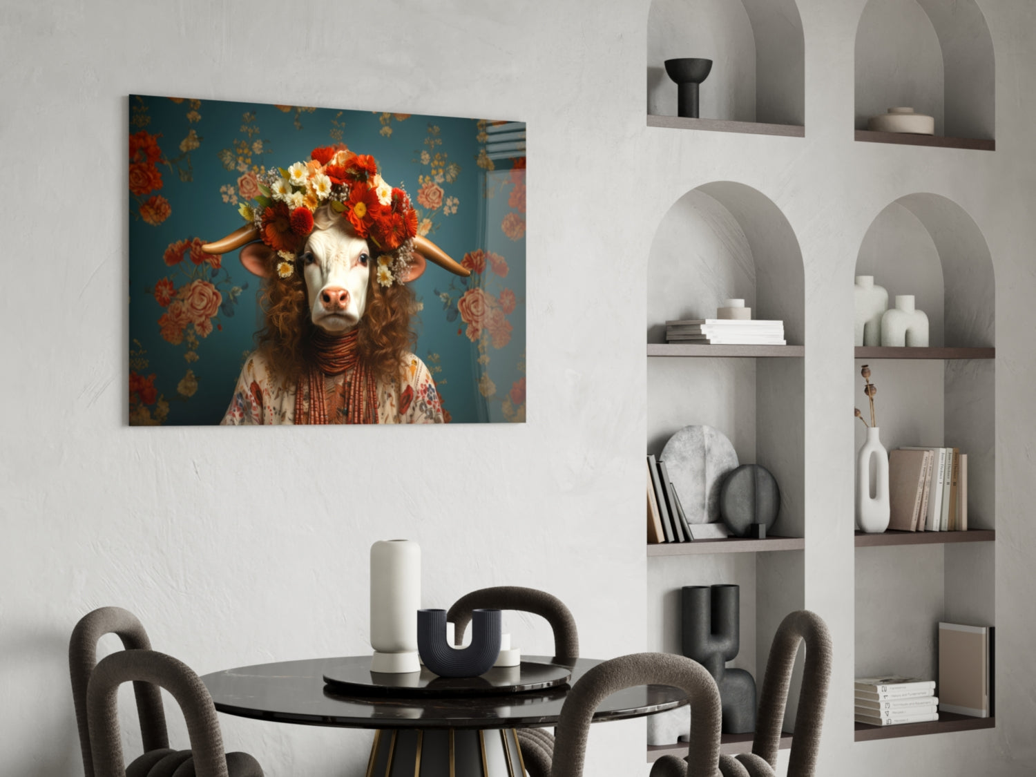 A whimsical cow wearing a red flower crown and ornate clothing stands against a teal floral-patterned background in this glass wall art.