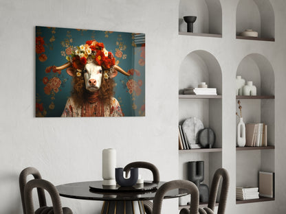 A whimsical cow wearing a red flower crown and ornate clothing stands against a teal floral-patterned background in this glass wall art.