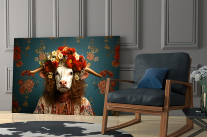Glass wall art displaying a cow wearing a floral crown and ornate clothing against a teal floral background, displayed in a modern interior setting.