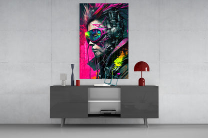 Cyber Woman in Neon Pink Visor Glass Wall Art
