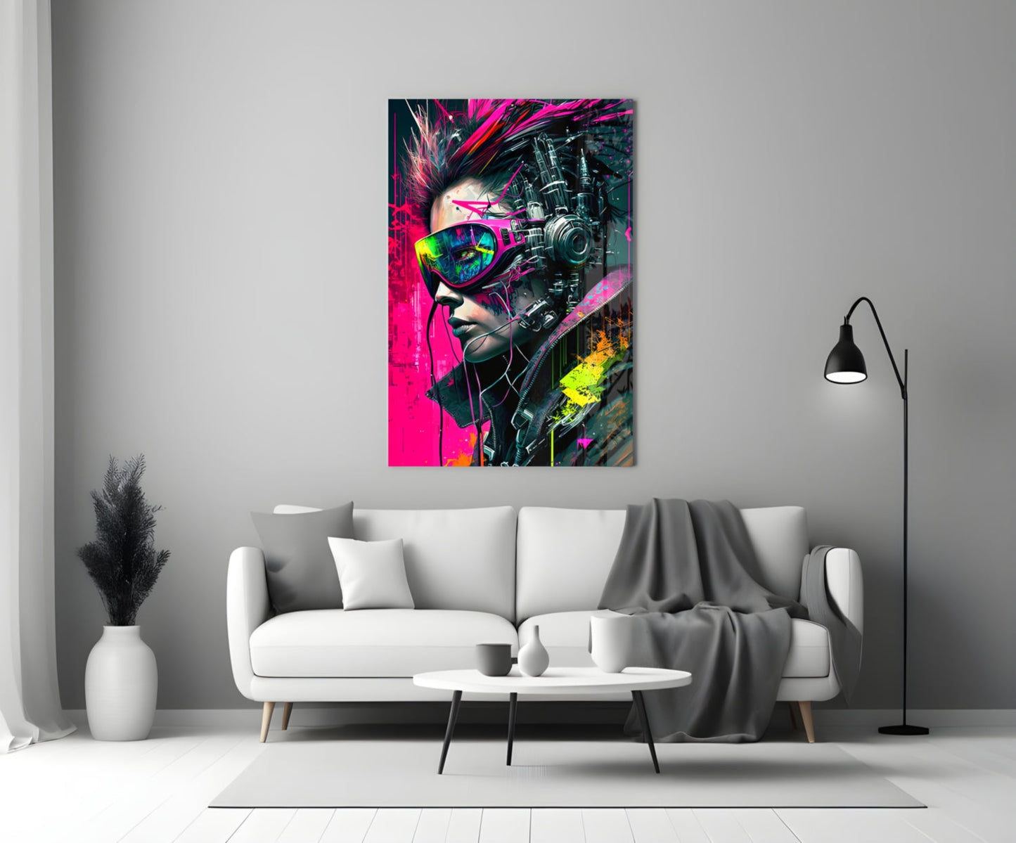 Cyber Woman in Neon Pink Visor Glass Wall Art