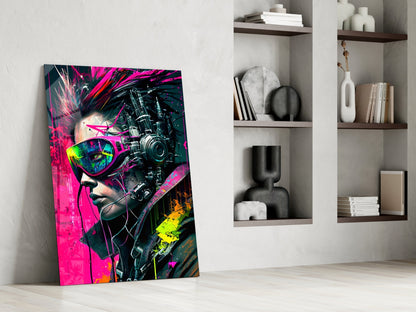 Cyber Woman in Neon Pink Visor Glass Wall Art