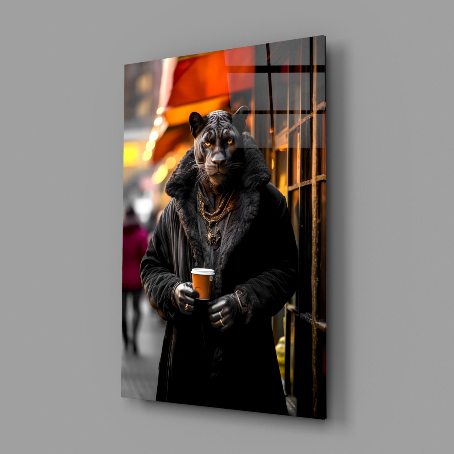 Black panther wearing dark coat and gold chains holds coffee cup against urban neon background on glass panel.