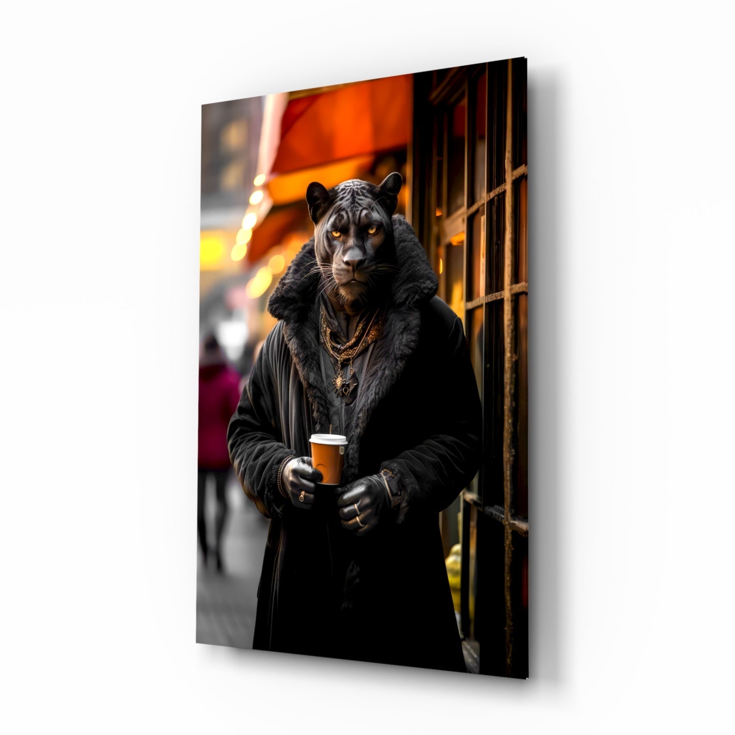 Black panther in urban clothing holding coffee cup displayed as angled glass wall art panel with warm orange lighting background.