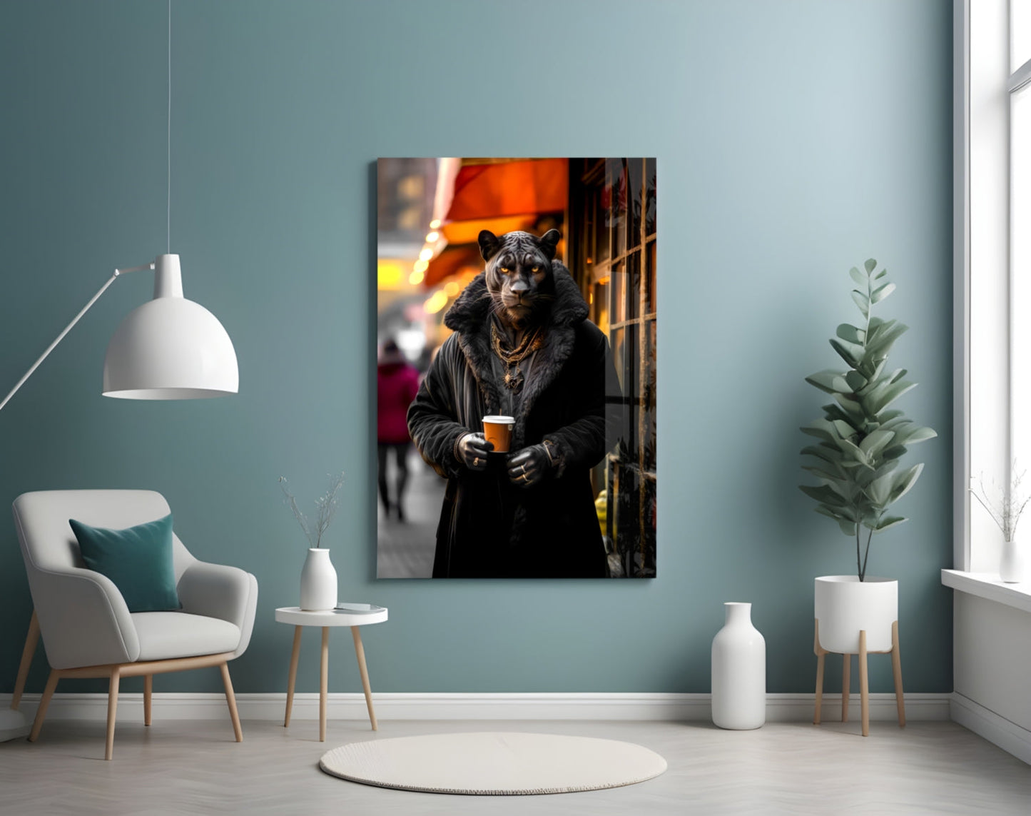 Glass wall art featuring an anthropomorphic leopard in black coat holding a beer, displayed in modern teal living room setting.