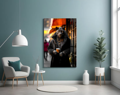 Glass wall art featuring an anthropomorphic leopard in black coat holding a beer, displayed in modern teal living room setting.
