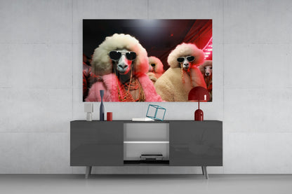 Poodles in Pink Fur Coats and Shades Glass Wall Art