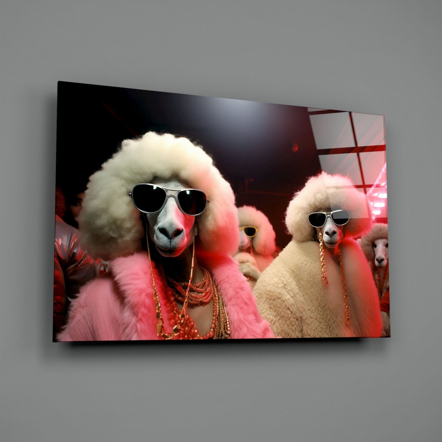 Poodles in Pink Fur Coats and Shades Glass Wall Art
