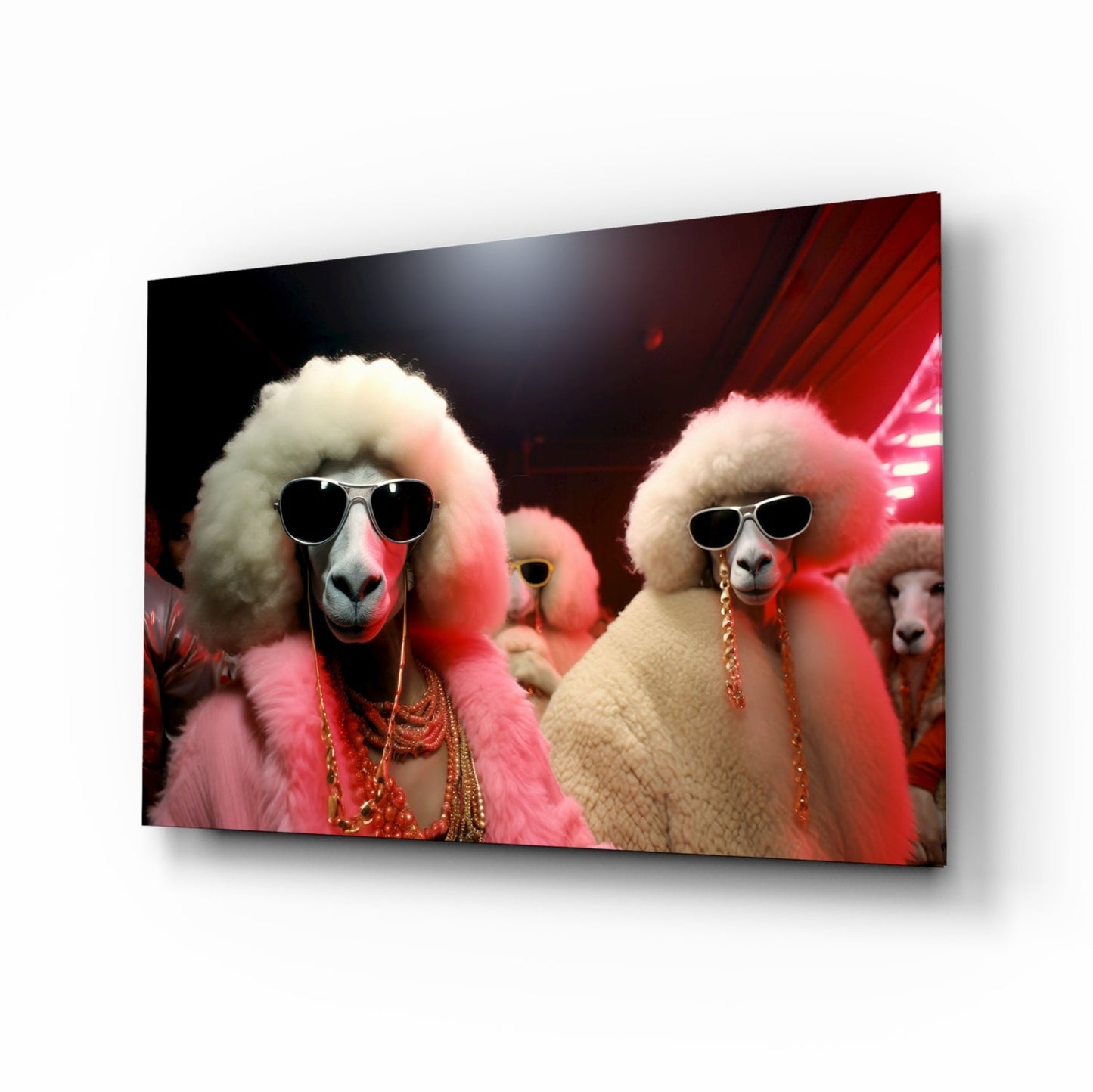 Poodles in Pink Fur Coats and Shades Glass Wall Art