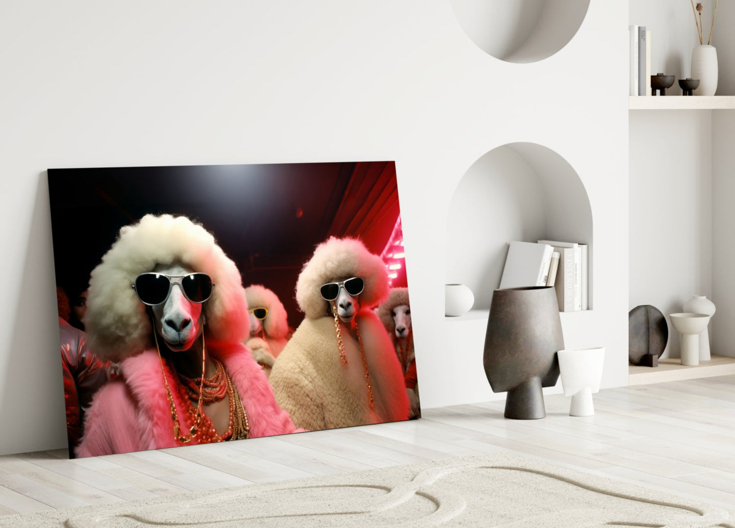 Poodles in Pink Fur Coats and Shades Glass Wall Art