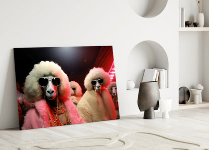 Poodles in Pink Fur Coats and Shades Glass Wall Art