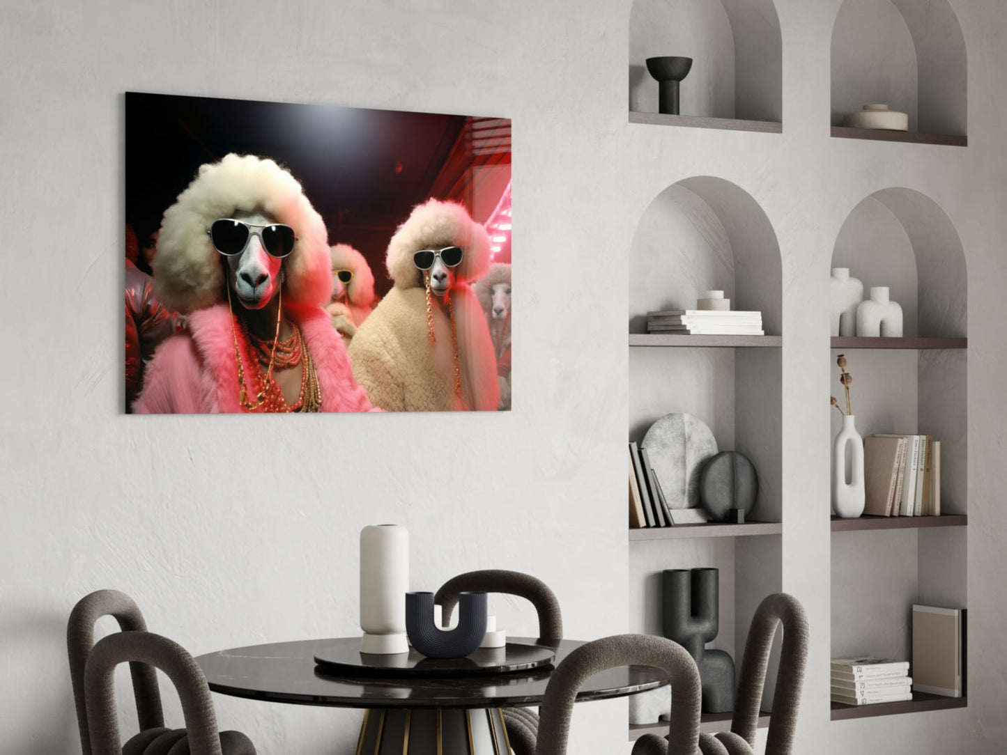 Poodles in Pink Fur Coats and Shades Glass Wall Art