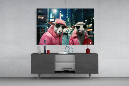 Sheep Duo in Pink Puffer Jackets Glass Wall Art