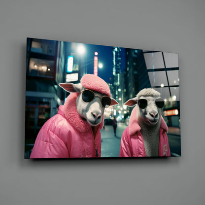 Sheep Duo in Pink Puffer Jackets Glass Wall Art