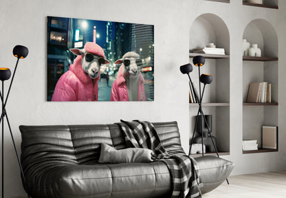 Sheep Duo in Pink Puffer Jackets Glass Wall Art