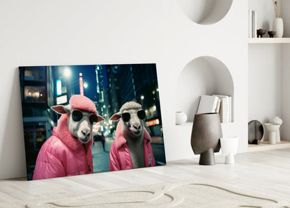 Sheep Duo in Pink Puffer Jackets Glass Wall Art