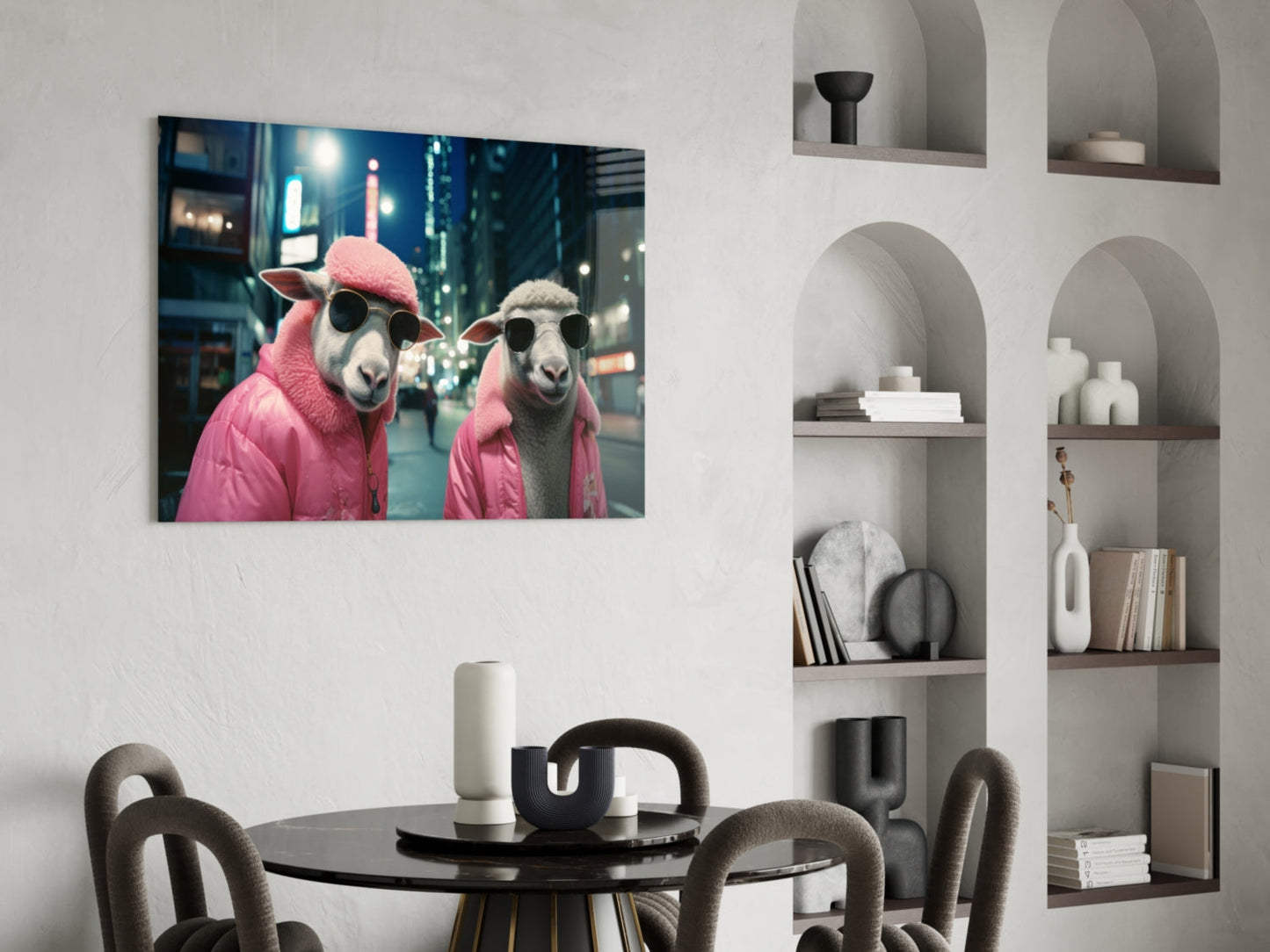 Sheep Duo in Pink Puffer Jackets Glass Wall Art