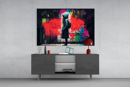 Hooded Kid Facing Red Paint Splash Glass Wall Art