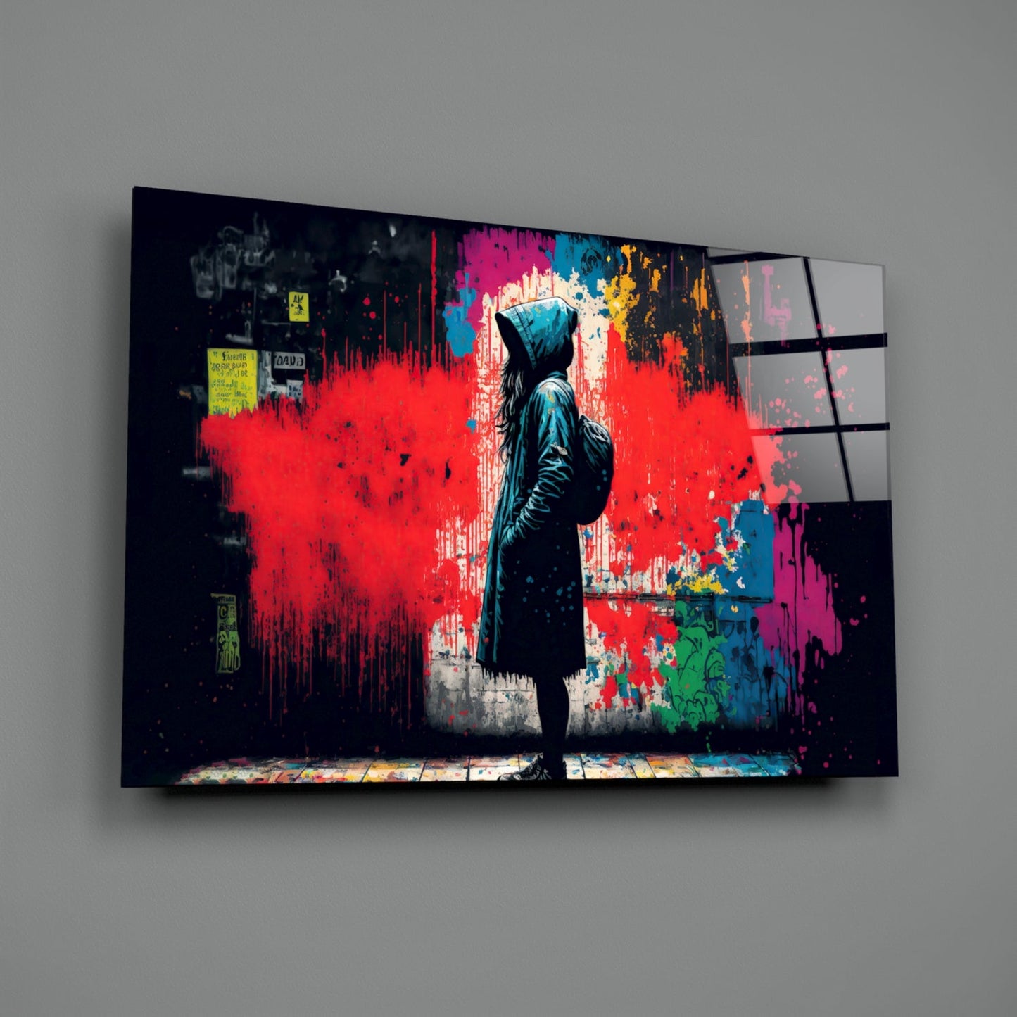 Hooded Kid Facing Red Paint Splash Glass Wall Art