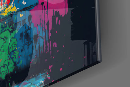 Hooded Kid Facing Red Paint Splash Glass Wall Art